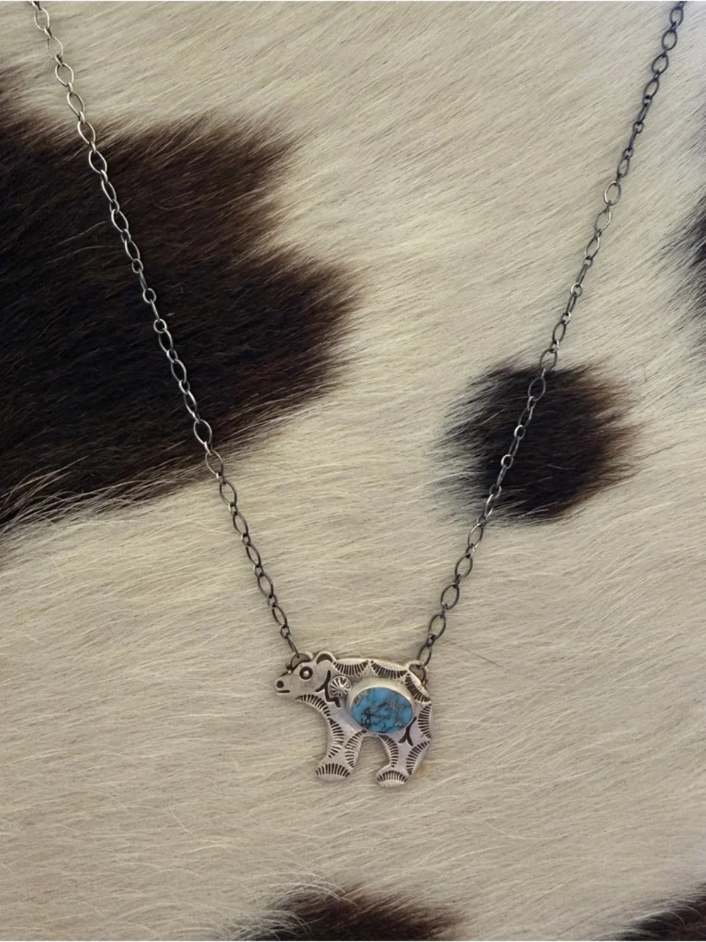 ❤️ Golden Hills Turquoise Hand Stamped Statement Bear Necklace 925 Matte 18+2”